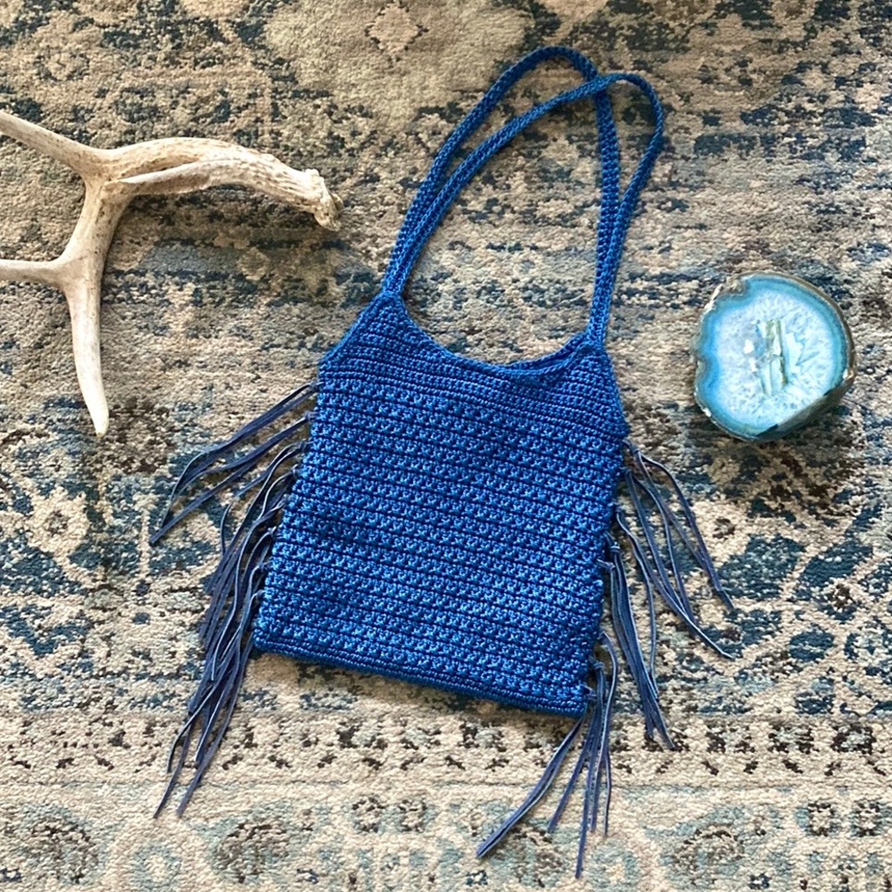 Azure Blue Crochet Leather Fringe Purse